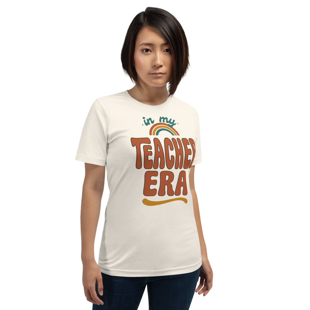 In My Teacher Era retro groovy teacher tee — Vintage White, on model