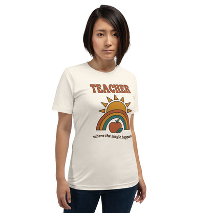 Teacher Where The Magic Happens retro groovy teacher tee — Vintage White, on model