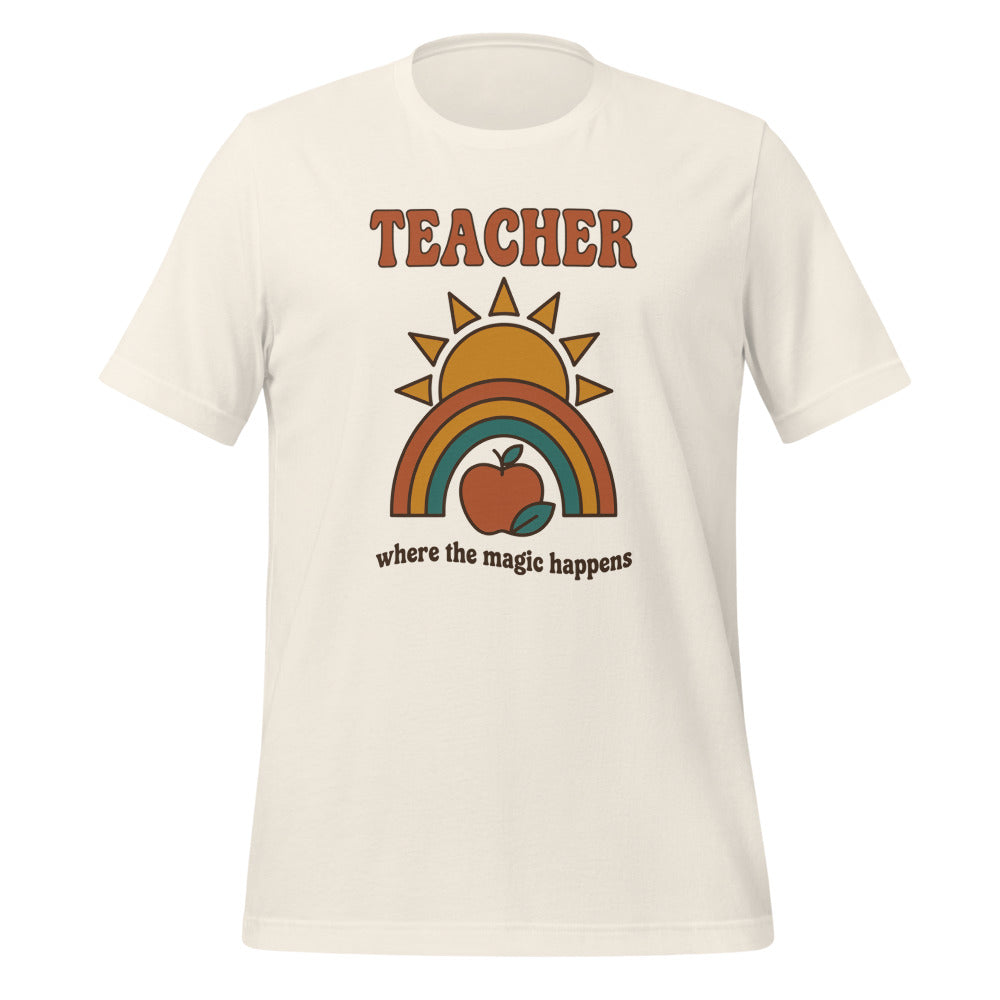 Teacher Where The Magic Happens retro groovy teacher tee — Vintage White, front