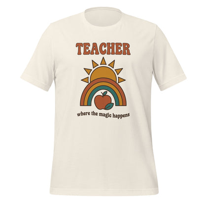 Teacher Where The Magic Happens retro groovy teacher tee — Vintage White, front