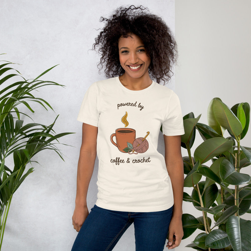 Powered by Coffee and Crochet cottagecore crochet tee — Vintage White, on model
