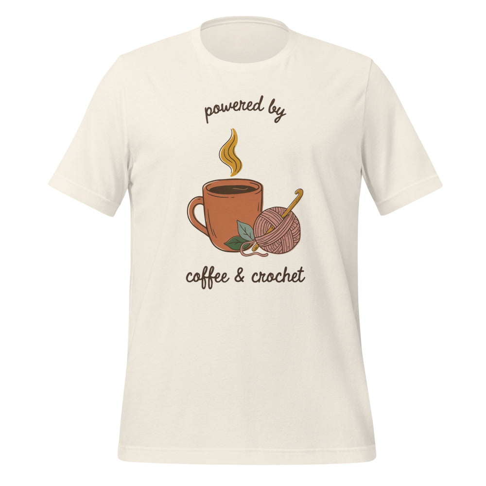 Powered by Coffee and Crochet cottagecore crochet tee — Vintage White, front