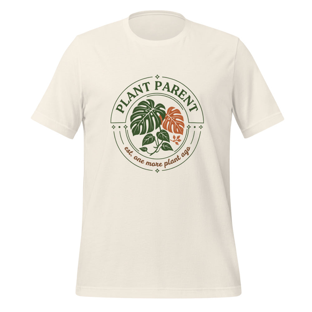 Plant Parent retro botanical badge tee — Vintage White, front