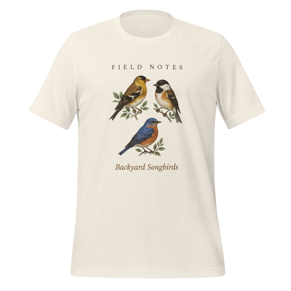 Backyard Songbirds vintage field-guide tee — Vintage White, front
