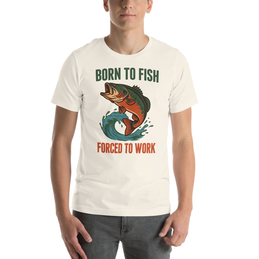 Born to Fish Forced to Work retro fishing humor tee — Vintage White, on model