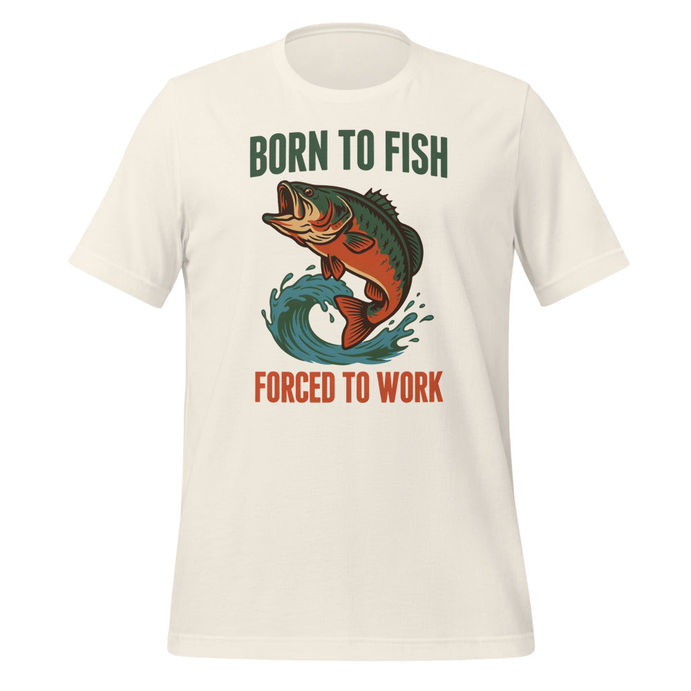 Born to Fish Forced to Work retro fishing humor tee — Vintage White, front