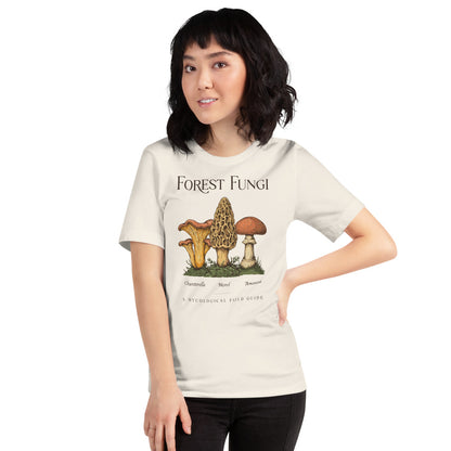Forest Fungi vintage mushroom field guide tee — Vintage White, on model