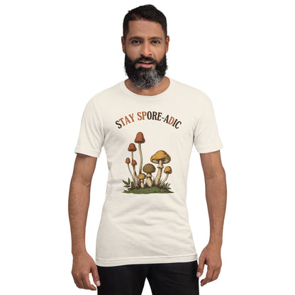 Stay Spore-adic funny vintage mushroom tee — Vintage White, on model