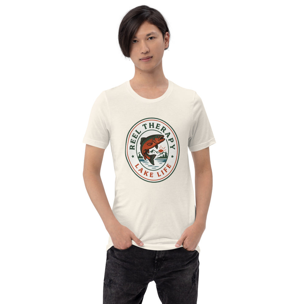 Reel Therapy retro national-park trout badge fishing tee — Vintage White, on model
