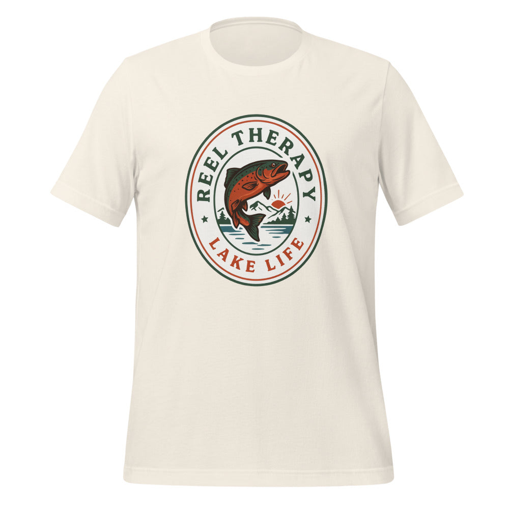 Reel Therapy retro national-park trout badge fishing tee — Vintage White, front
