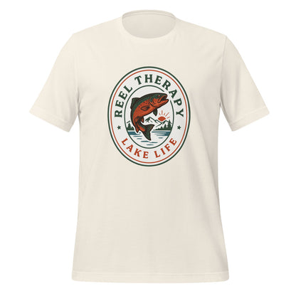 Reel Therapy retro national-park trout badge fishing tee — Vintage White, front