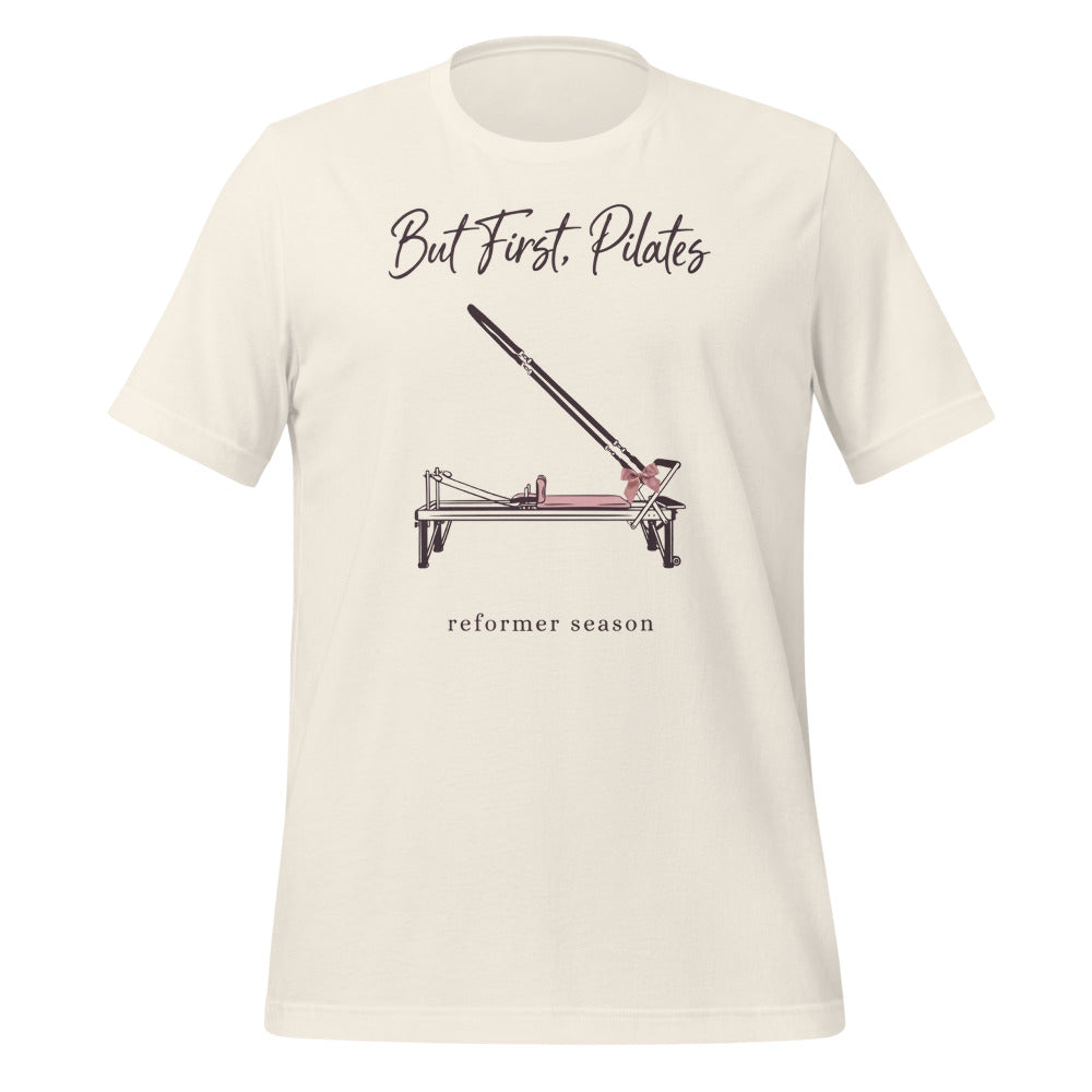 But First Pilates reformer line-art tee — Vintage White, front