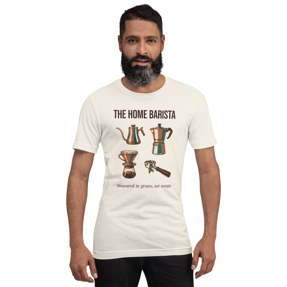 The Home Barista specialty coffee tee — Vintage White, on model
