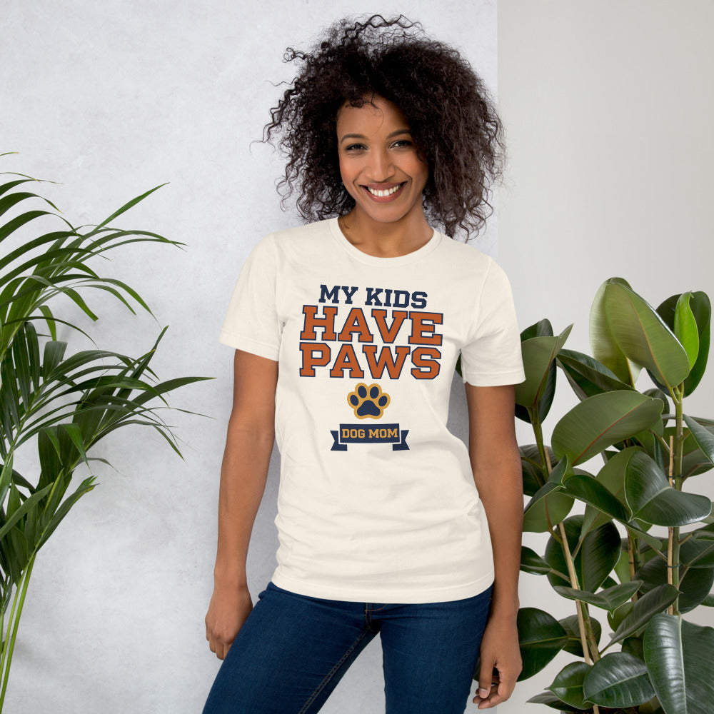 My Kids Have Paws funny dog mom tee — Vintage White, on model