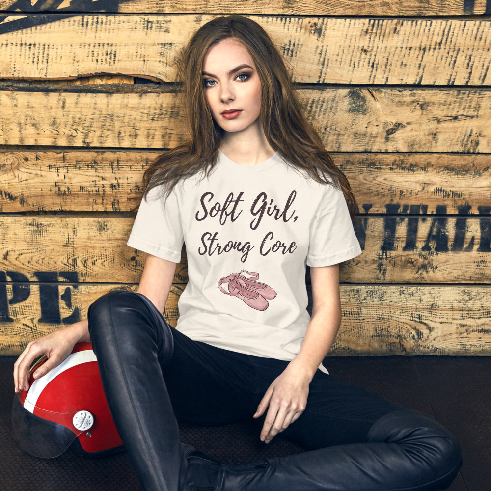 Soft Girl Strong Core ballet coquette pilates tee — Vintage White, on model