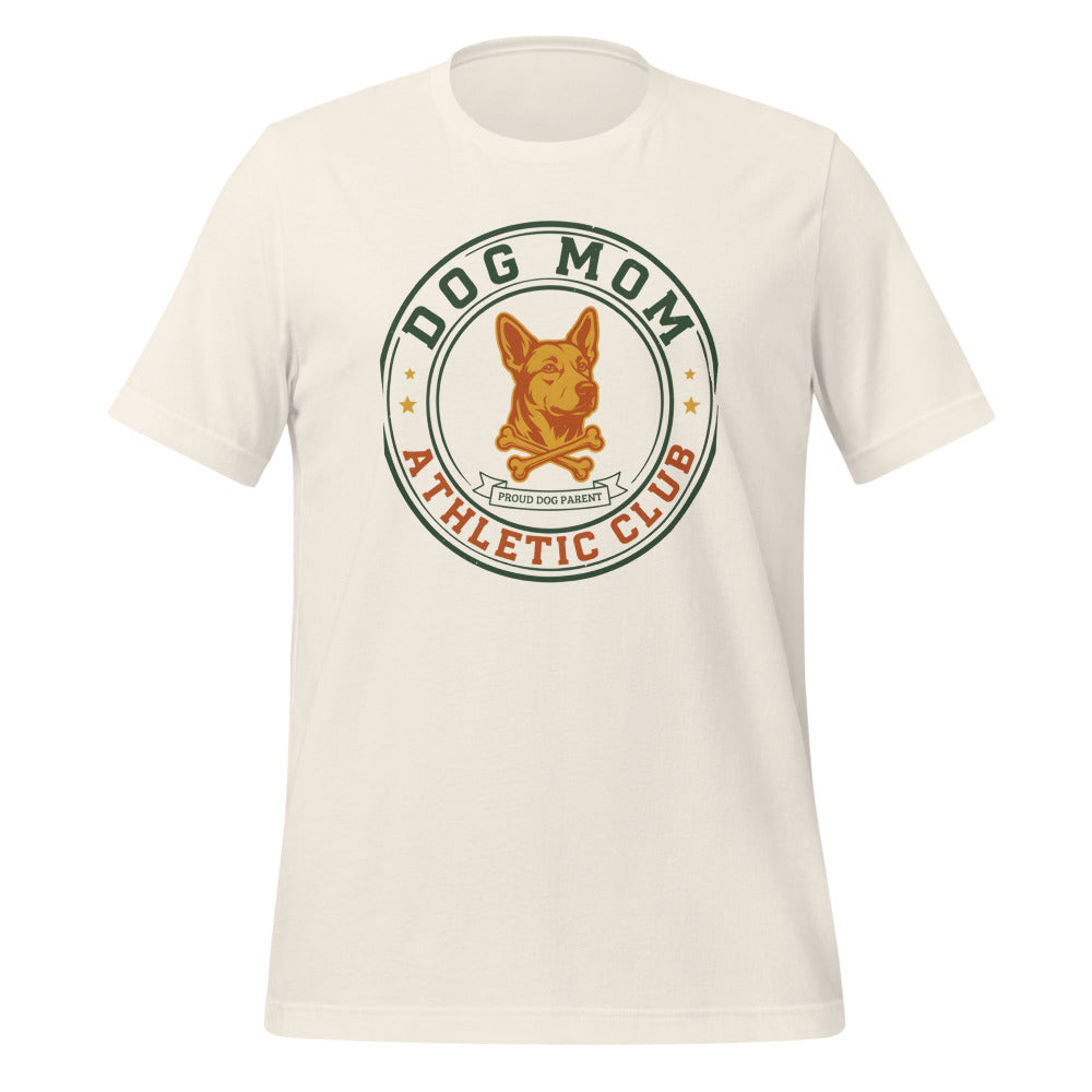 Dog Mom Athletic Club vintage varsity crest tee — Vintage White, front