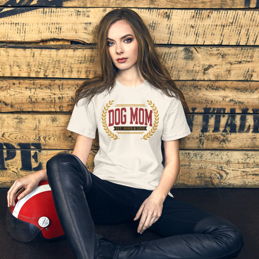 Dog Mom vintage varsity wordmark tee — Vintage White, on model