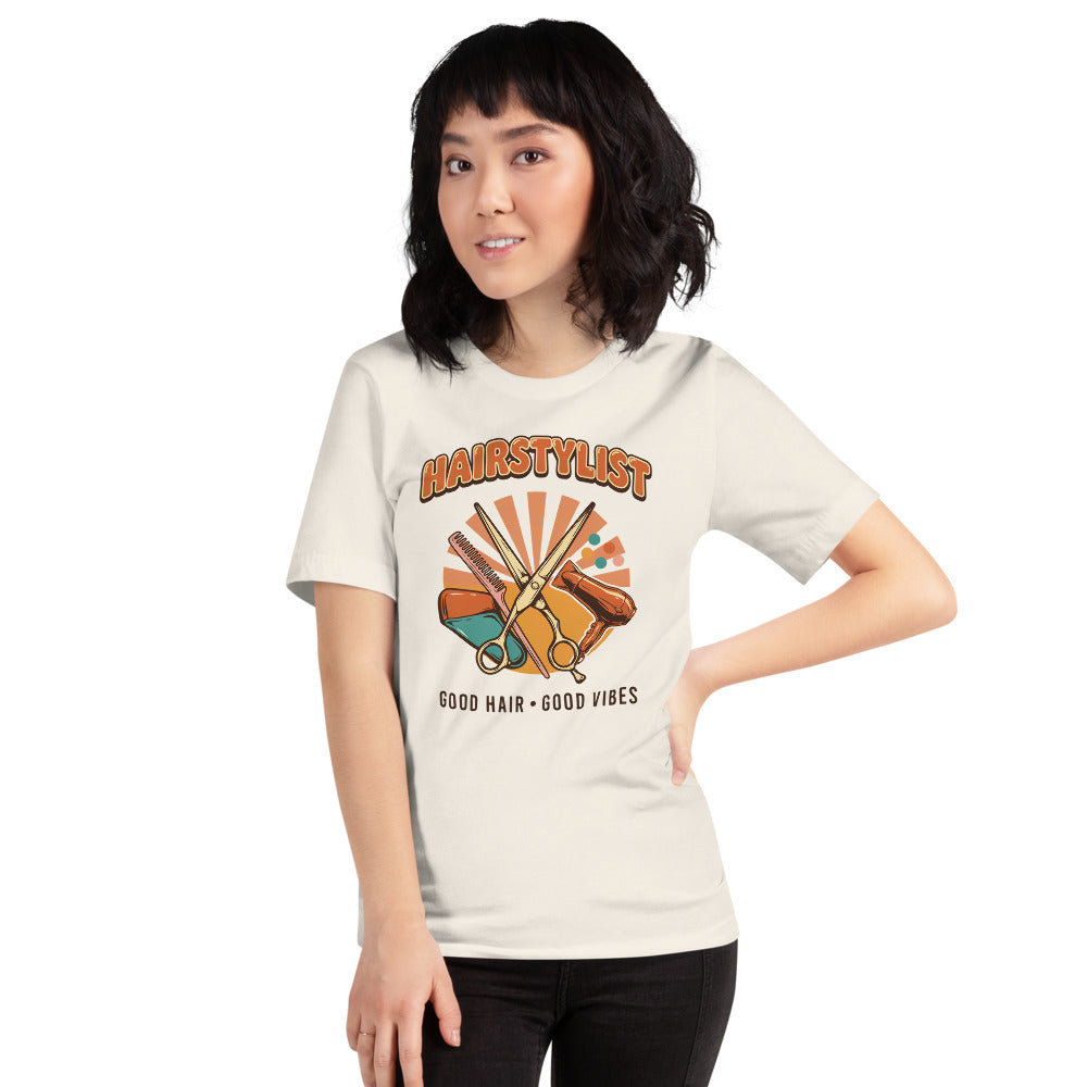 Retro Salon Hairstylist good hair good vibes tee — Vintage White, on model