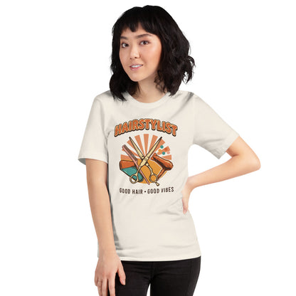 Retro Salon Hairstylist good hair good vibes tee — Vintage White, on model