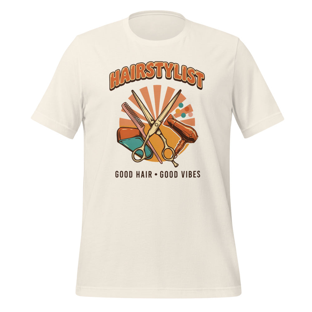Retro Salon Hairstylist good hair good vibes tee — Vintage White, front