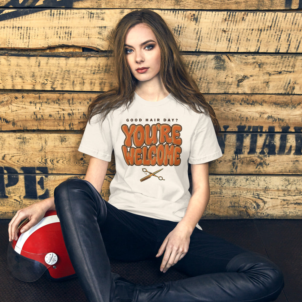 Funny hairstylist Good Hair Day You're Welcome tee — Vintage White, on model