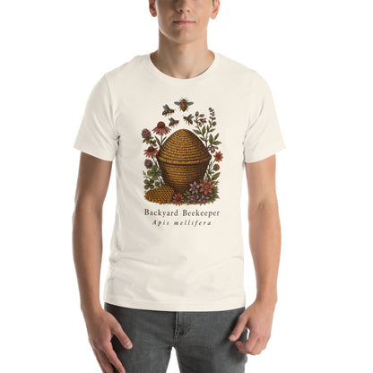 Backyard Beekeeper field-guide bee tee — Vintage White, on model