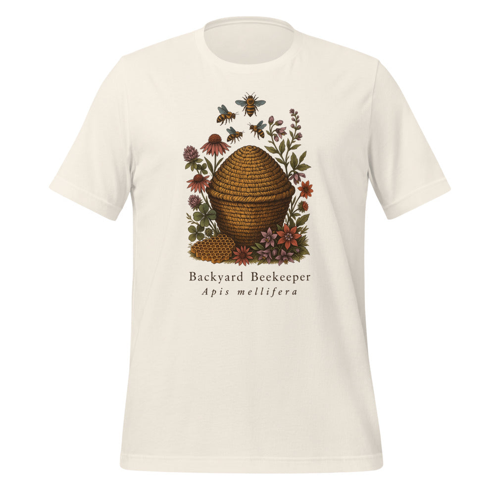 Backyard Beekeeper field-guide bee tee — Vintage White, front