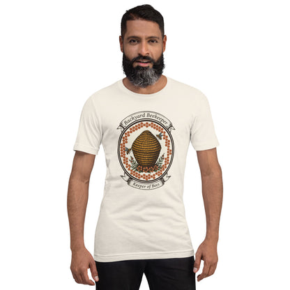 Backyard Beekeeper Keeper of Bees vintage apiary crest tee — Vintage White, on model