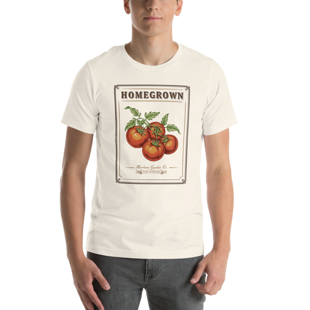 Homegrown Heirloom Seed Packet gardening tee — Vintage White, on model