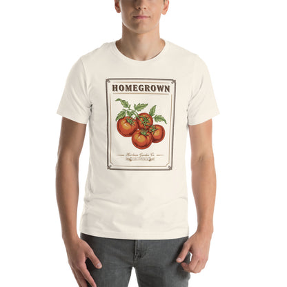 Homegrown Heirloom Seed Packet gardening tee — Vintage White, on model