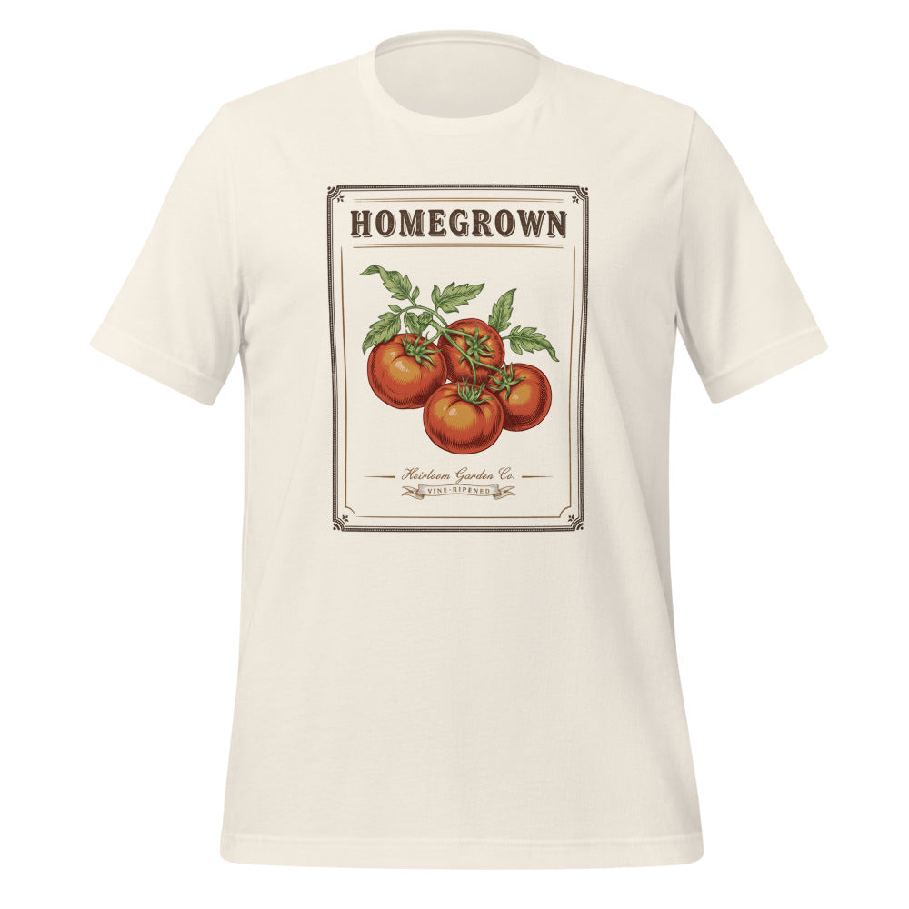 Homegrown Heirloom Seed Packet gardening tee — Vintage White, front