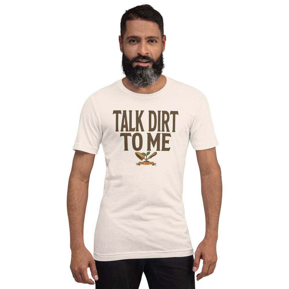 Talk Dirt To Me funny gardening tee — Vintage White, on model