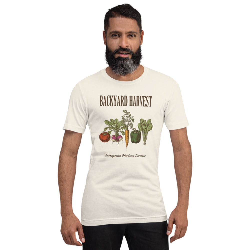 Backyard Harvest heirloom vegetable gardening tee — Vintage White, on model