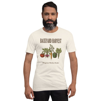 Backyard Harvest heirloom vegetable gardening tee — Vintage White, on model