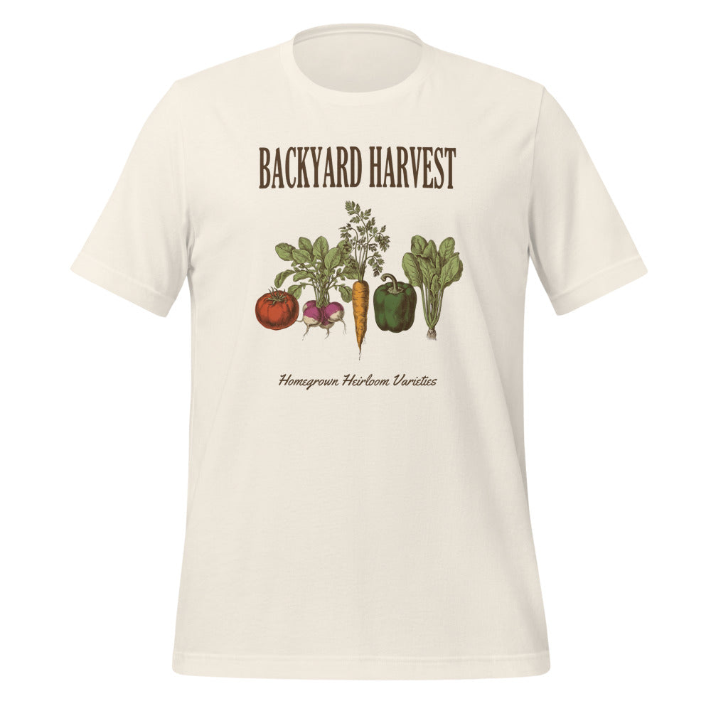 Backyard Harvest heirloom vegetable gardening tee — Vintage White, front