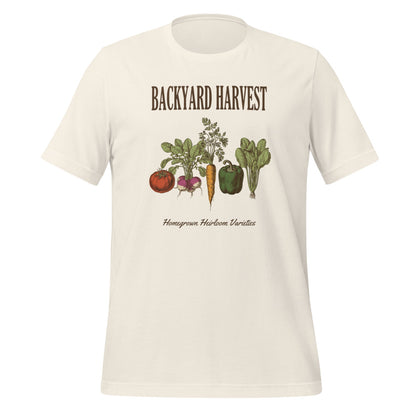 Backyard Harvest heirloom vegetable gardening tee — Vintage White, front