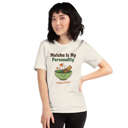 Matcha Is My Personality retro matcha tee — Vintage White, on model