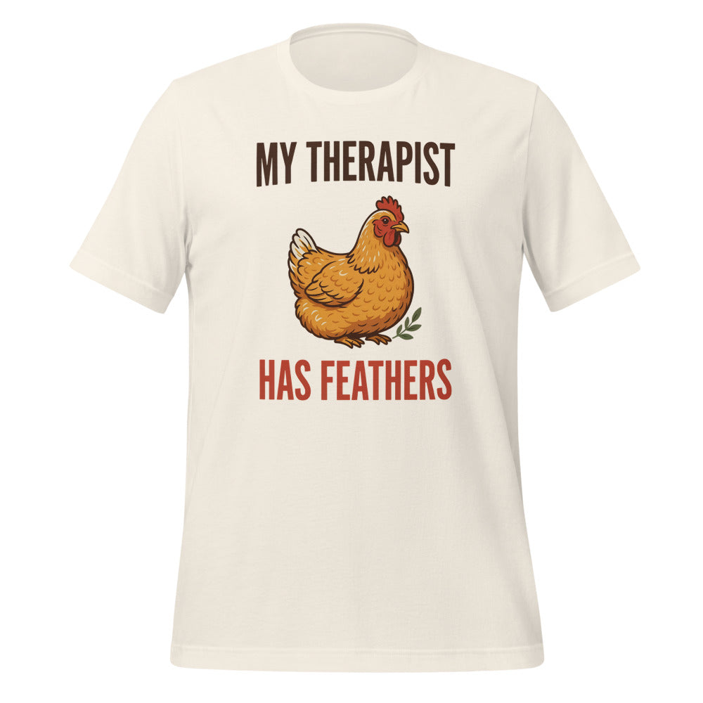 My Therapist Has Feathers funny chicken keeper tee — Vintage White, front