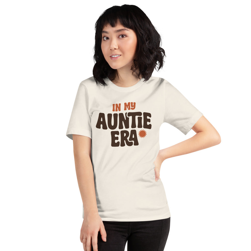 In My Auntie Era retro groovy aunt tee — Vintage White, on model