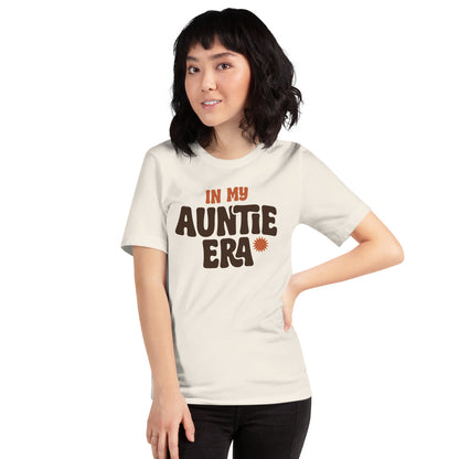 In My Auntie Era retro groovy aunt tee — Vintage White, on model
