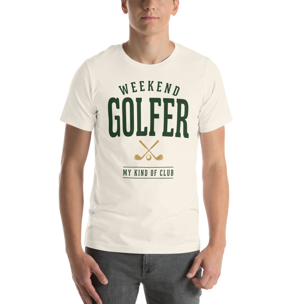 Weekend Golfer vintage golf wordmark tee — Vintage White, on model