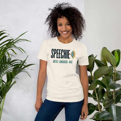 Speechie Wordmark speech therapy tee — Vintage White, on model