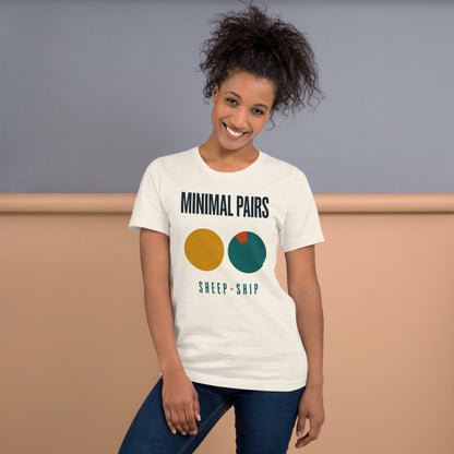 Minimal Pairs speech therapy tee — Vintage White, on model