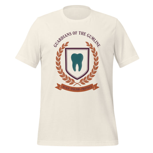 Guardians of the Gumline dental hygienist tee — Vintage White, front