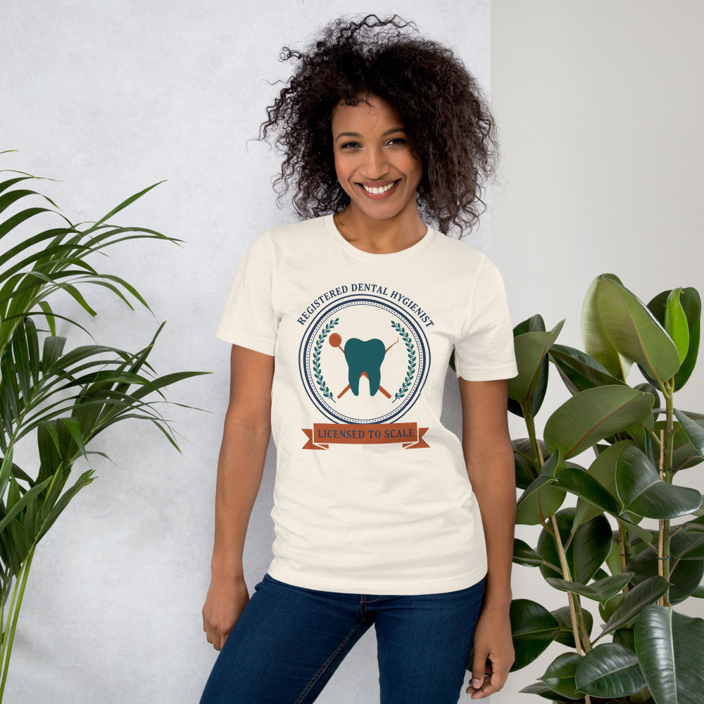 Licensed to Scale registered dental hygienist tee — Vintage White, on model