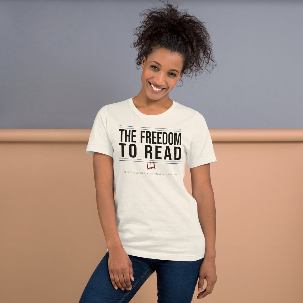 The Freedom to Read school librarian tee — Vintage White, on model