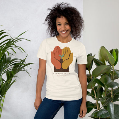 Holding Space birth worker doula t-shirt — Vintage White, on model