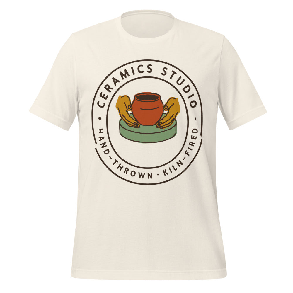 Ceramics Studio Badge hand-thrown pottery t-shirt — Vintage White, front