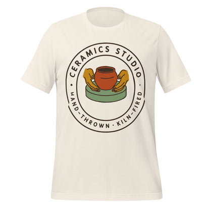 Ceramics Studio Badge hand-thrown pottery t-shirt — Vintage White, front