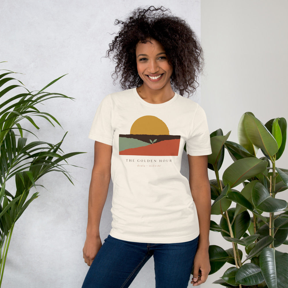 The Golden Hour birth worker doula t-shirt — Vintage White, on model